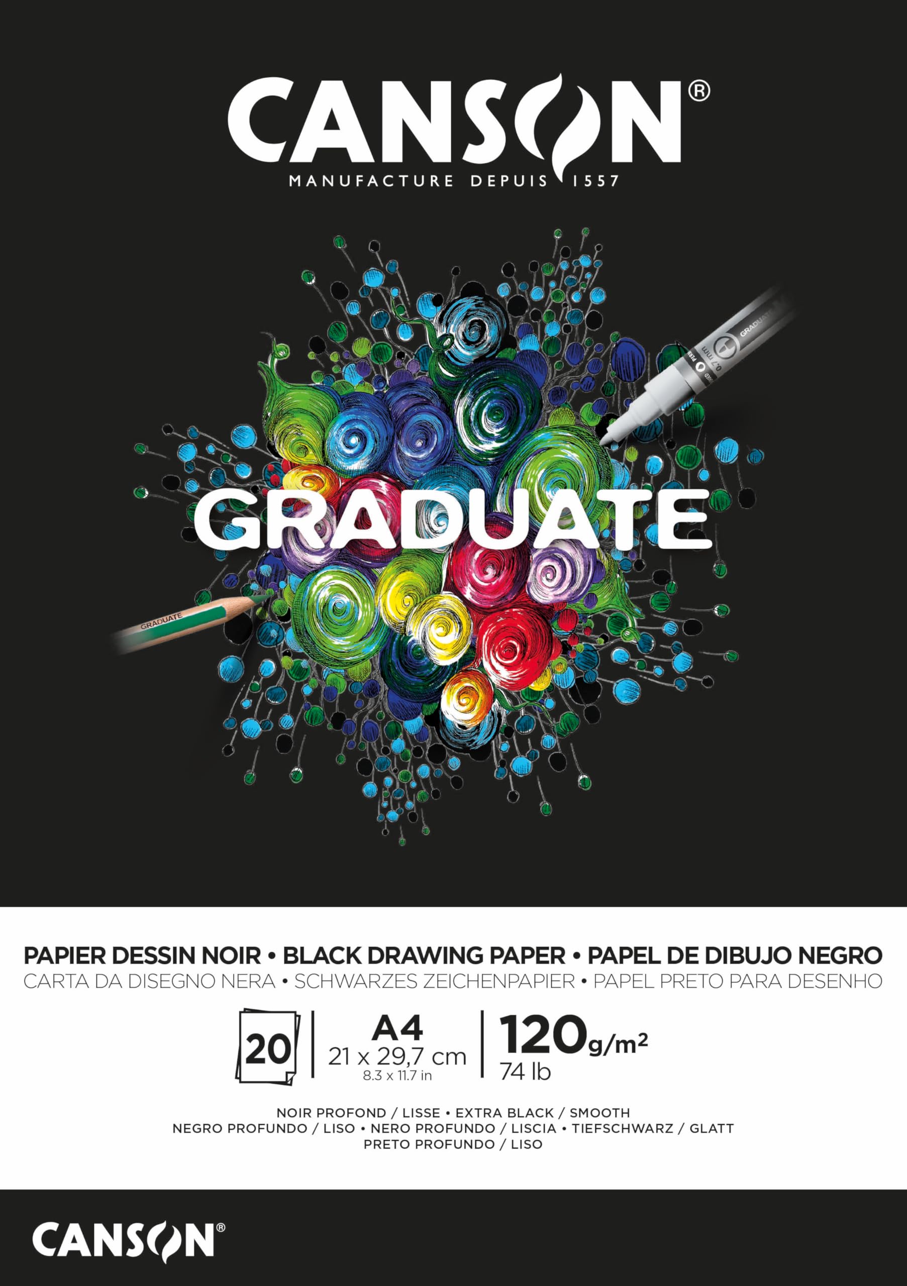 CANSON Graduate Black Drawing 120gsm A4 Paper, Smooth, Pad Glued Short Side, 20 Black Sheets, For Student Artists — image 1