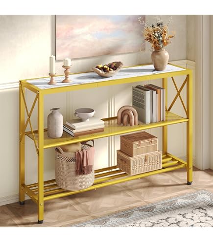 Giantex Faux Marble Console Table With Drawer & Shelf - Gold Metal Frame, Narrow Sofa Table For Entryway