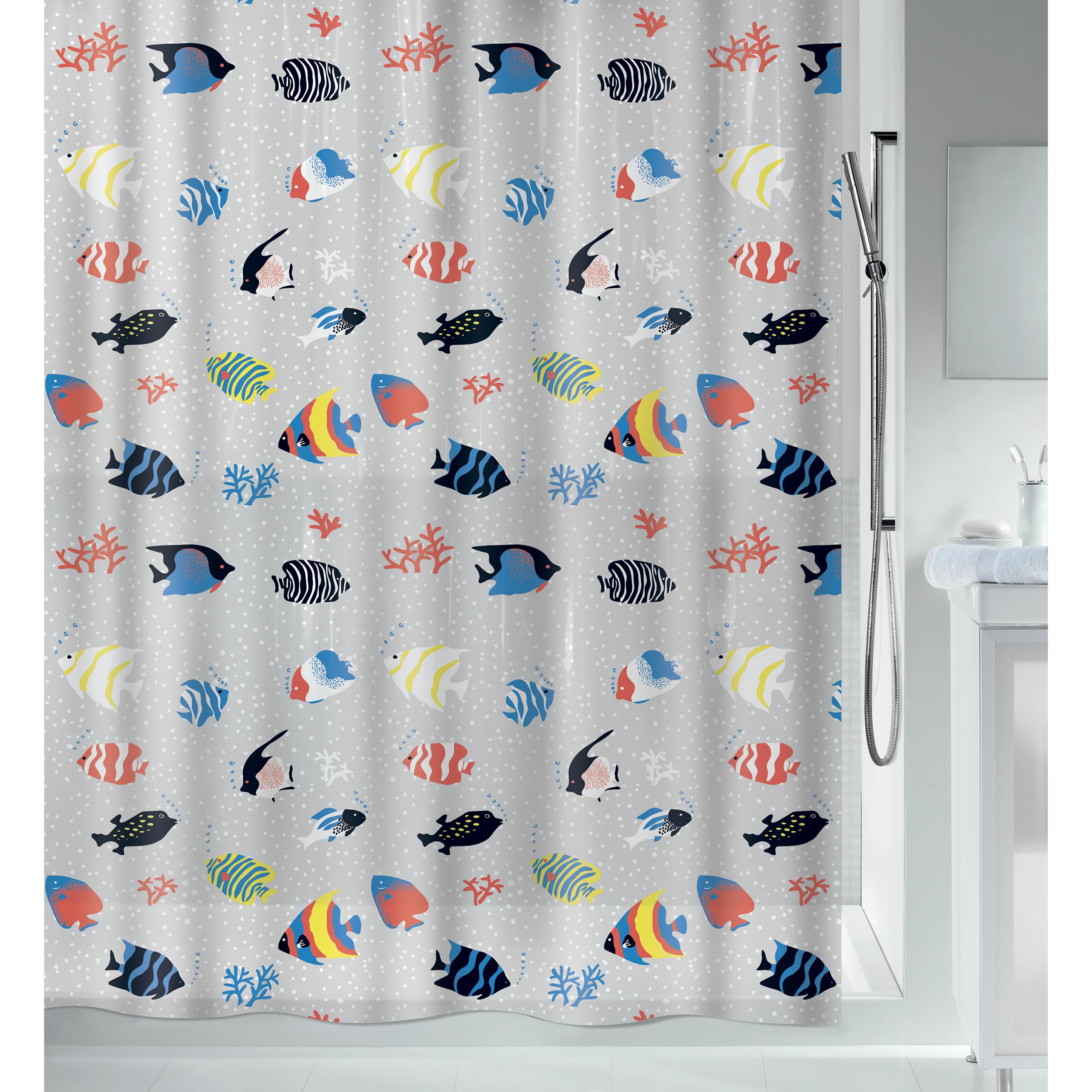 Spirella Fish PEVA Clear Plastic Shower Curtain, 180 x 200 cm, Blue/Orange/Yellow/Black/Green