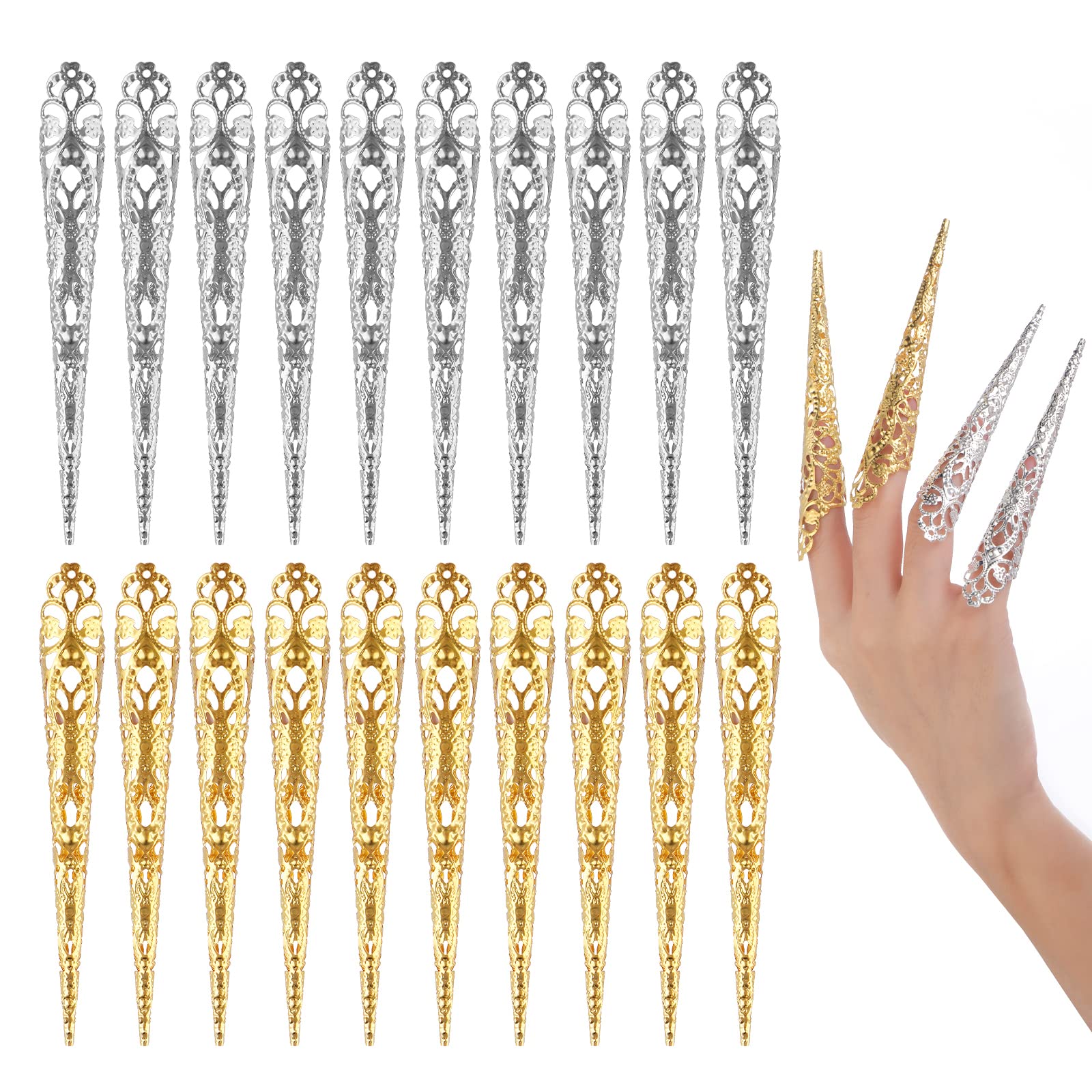 Lusofie 20 Pcs Halloween Finger Claws Nail Tip Rings, Fingernail Rings for Halloween Vampire Nails Women Cosplay Costume Drama Dance Show Claws (Gold, Silver)
