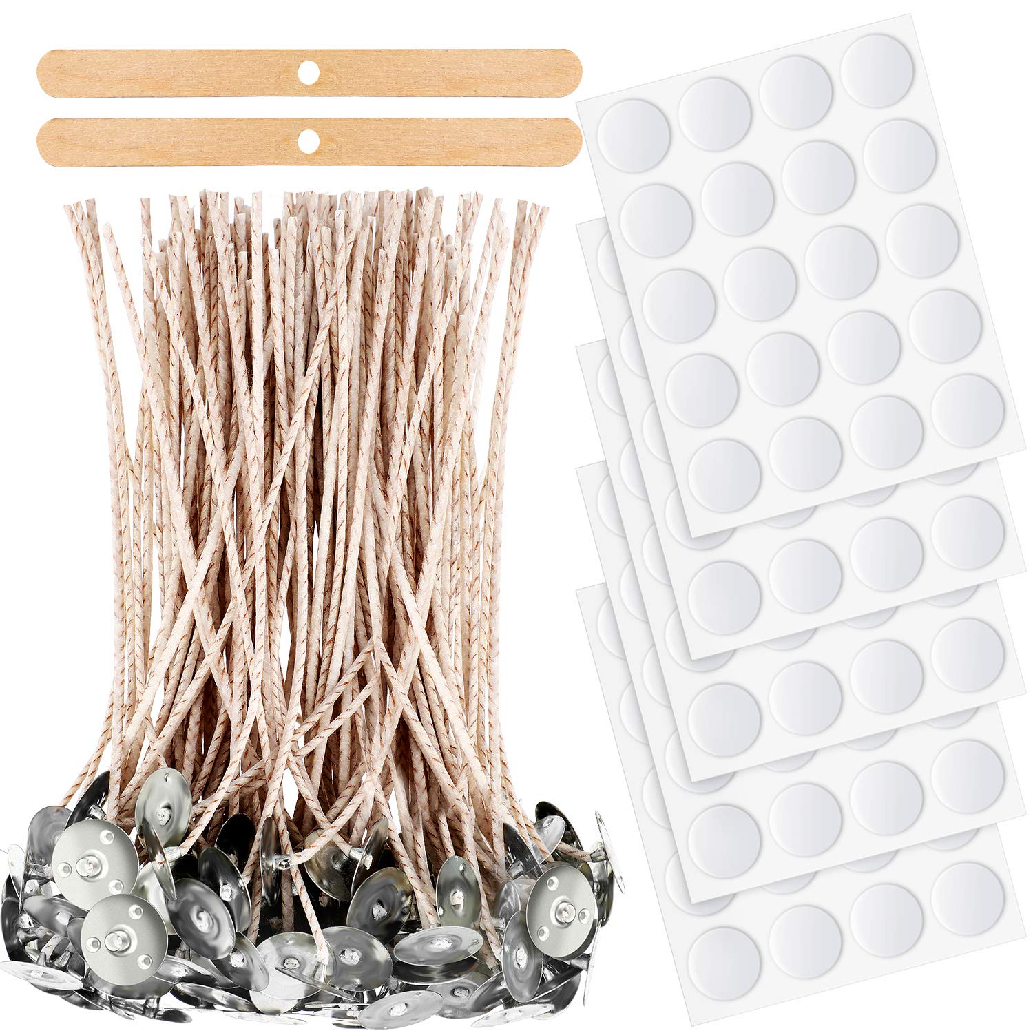 100 Pieces 6 Inch Soy Wax Candle Wicks with Base, 100 Pieces Double Sided Candle Wick Stickers 2 Pieces Candle Wick Centering Device Candle Wick Holder for DIY Candle Making Supplies