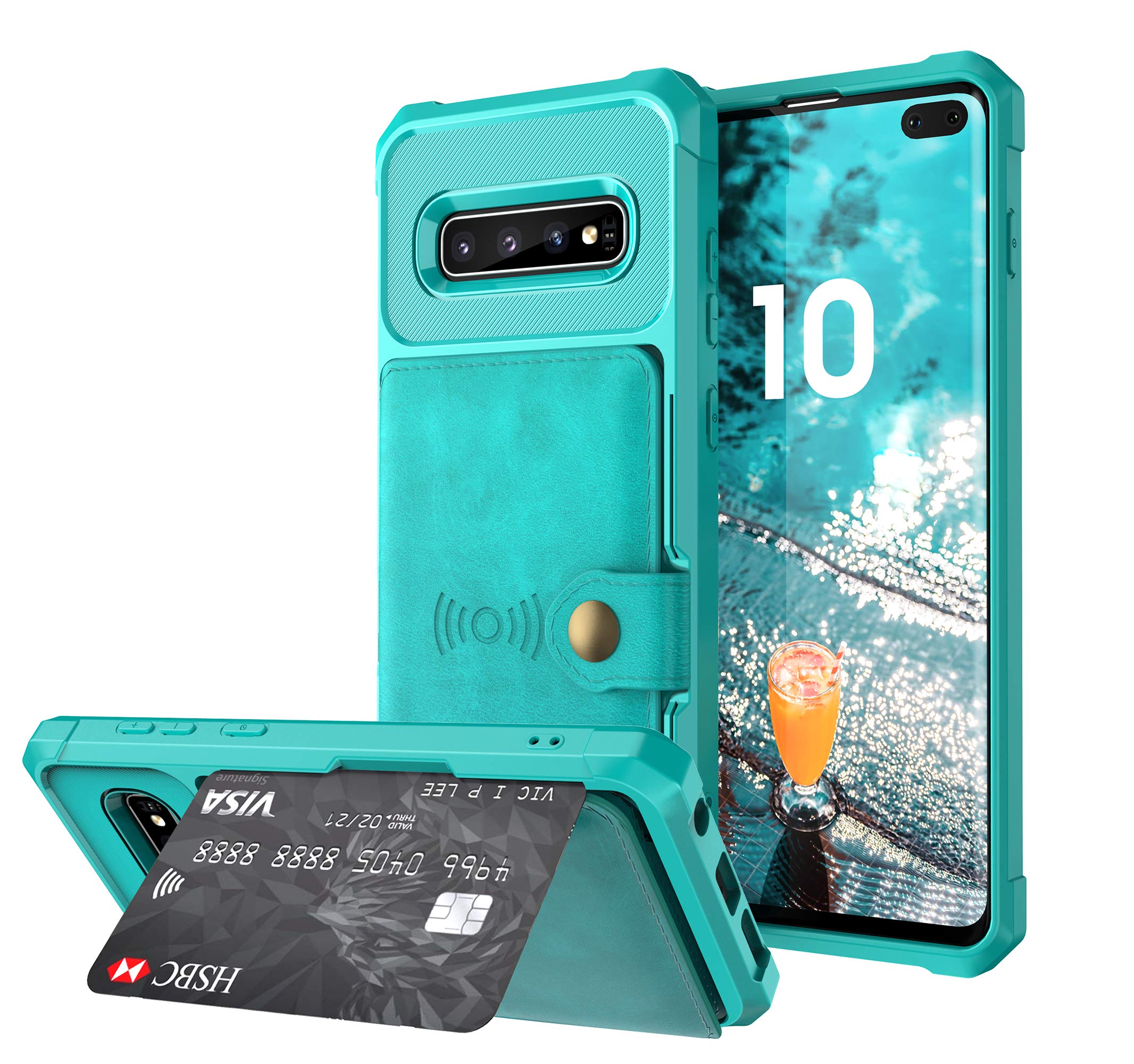 Samsung Galaxy S10 Case, Sumsung S10 Wallet Flip Leather Kickstand Fit Magnetic Car Mount Wireless Charging Slim Durable Shockproof Protective Case Cover with Card Holder (Turquoise)