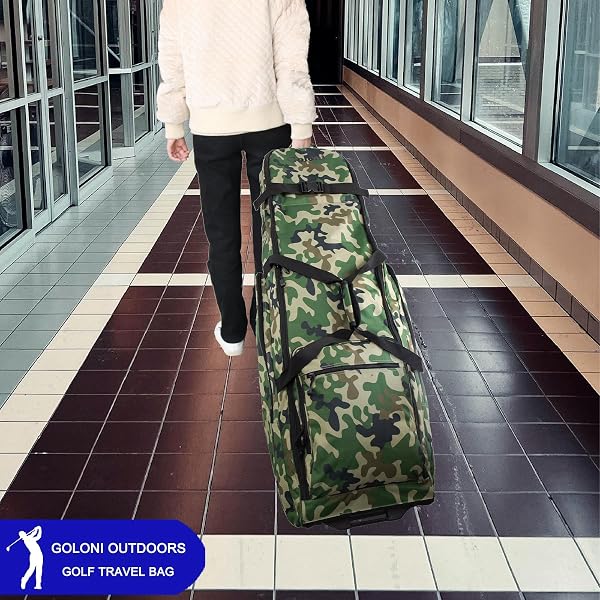 GOLF TRAVEL BAGS FOR AIRLINES WITH WHEELS,900D HEAVY DUTY OXFORD WEAR-RESISTANT SOFT-SIDED GOLF CLUB FLIGHT BAG WITH ADJUSTABLE SUPPORT ROD,GREEN CAMO