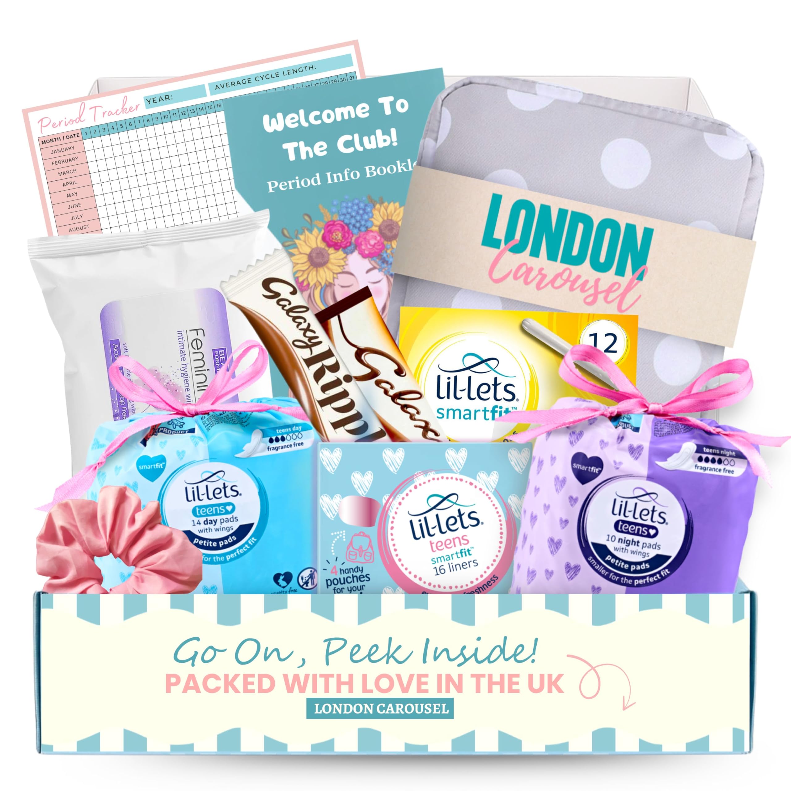 First Period Kit for Girls - Sanitary Pad Storage Bag, Teen Sanitary Towels, Lil-Lets Teens Liners, Lil-Lets Tampons Applicator, Period Wipes, Sweet Treats, Period Info Booklet and Period Tracker