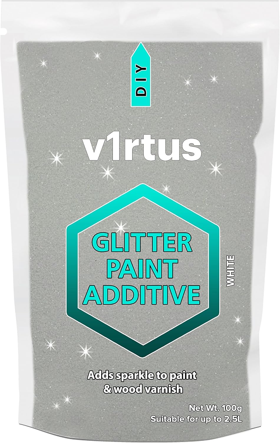 V1rtus White Glitter Paint Crystals Additive 100g 3 5oz For Emulsion Paint For Use With Interior Exterior Wall Ceiling Wood Metal Varnish Dead Flat Matt Soft Sheen Or Silk Paints Amazon Co Uk Diy