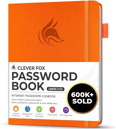 Clever Fox Password Book with Alphabetical Tabs Orange Large 60-Day