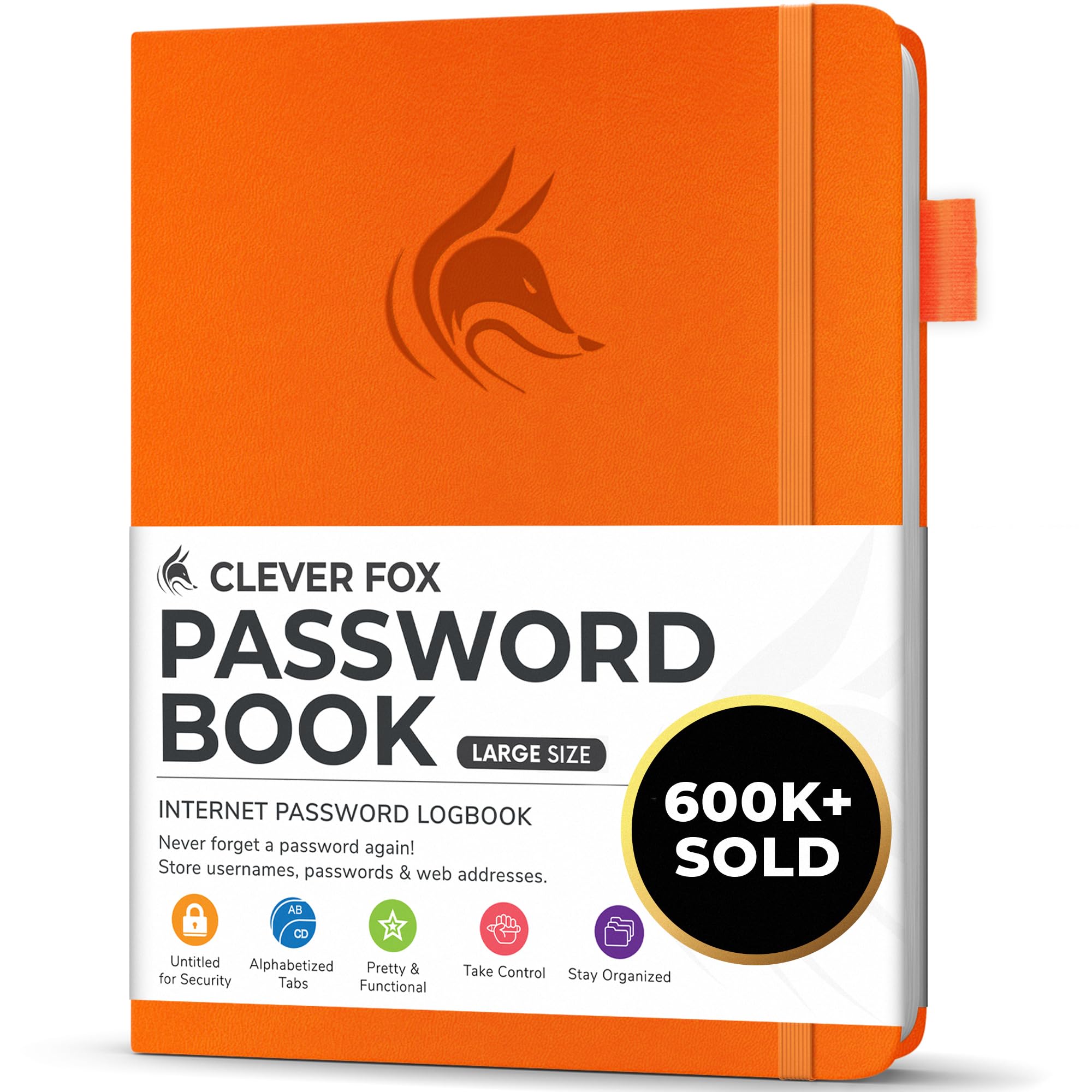 Clever Fox Password Book with alphabetical tabs. Internet Address Organizer Logbook. Large Password Keeper for Website Logins (Orange)