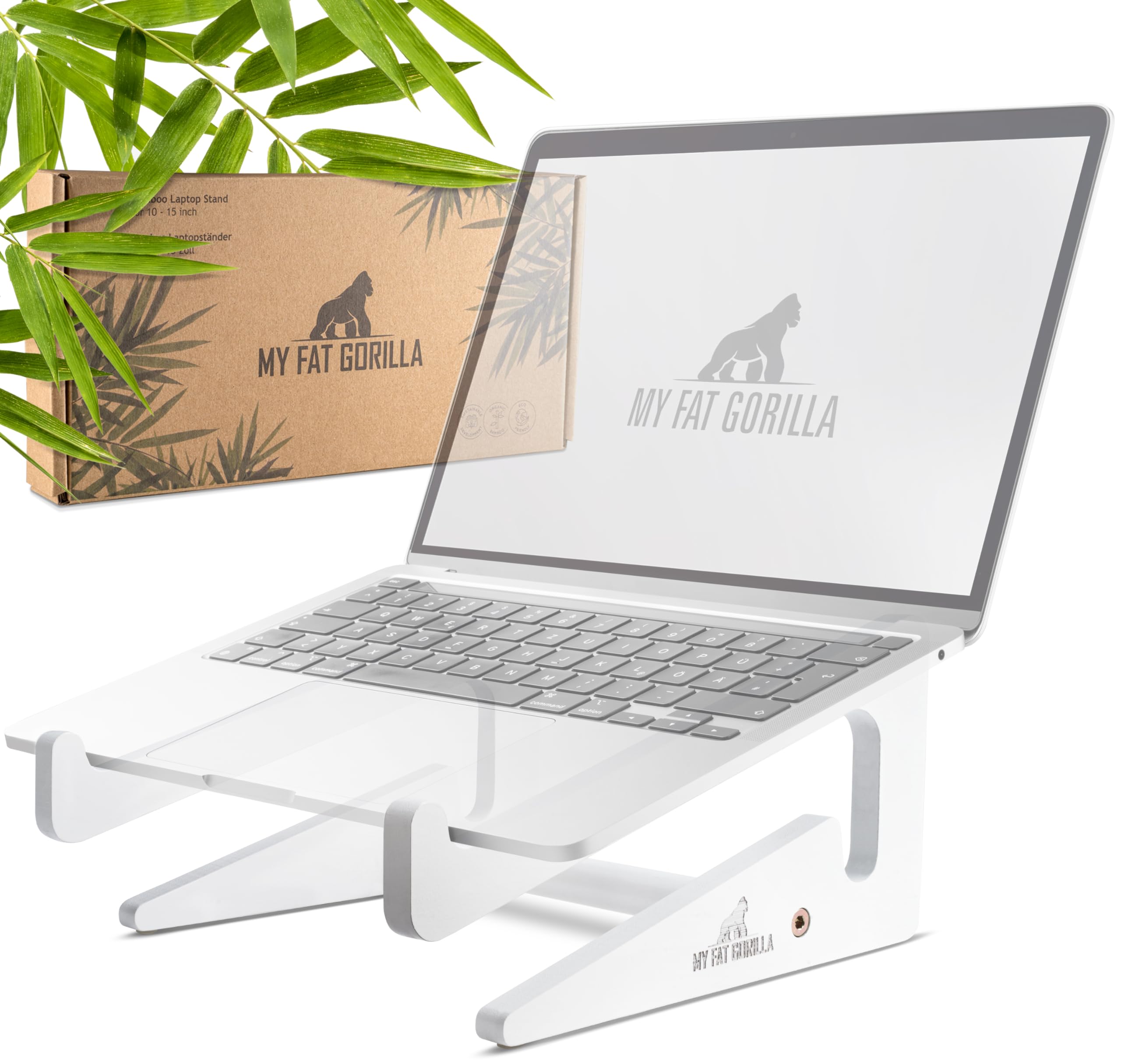MY FAT GORILLA Bamboo Laptop Stand, Ergonomic Universal Holder for Notebook Riser, Compatible with 10-15 Inch, Laptop Holder Desk, Vertical Laptop Stand (Bamboo White)