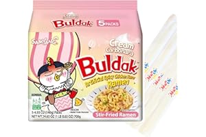 Munchmo - Buldak Ramen, Creamy Chicken Ramen Noodles, Creamy Carbonara Buldak Noodles Carbonara, Buldak Cream Carbonara Buldak, 5 Packs with Munchmo Chopsticks (5 Count)