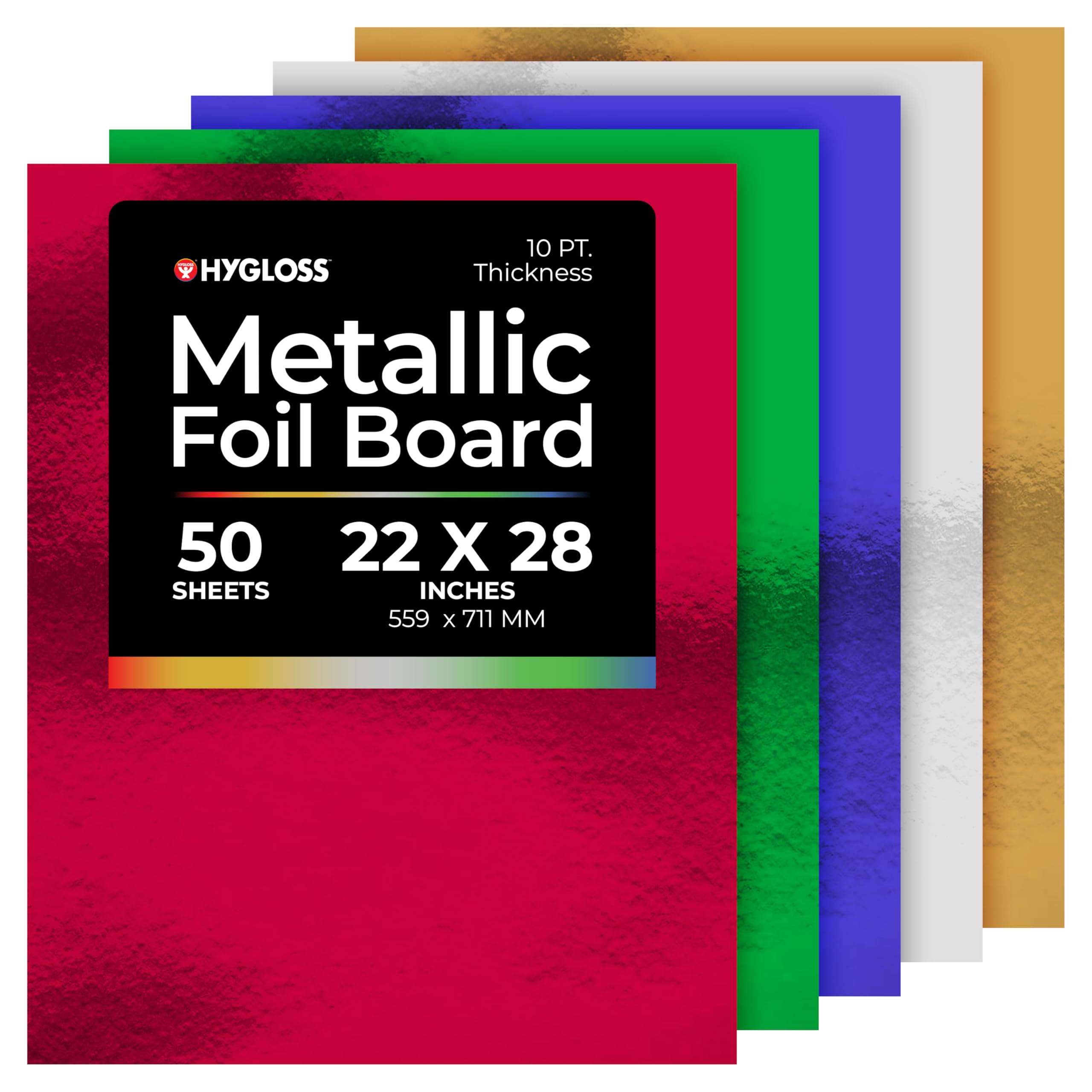 Hygloss Products Metallic Cardstock Sheets - 50 Sheets, 22” x 28” - 5 Assorted Colors - Sturdy 10 pt. - Foil Paper for Crafts, Scrapbooking, Posters & Decorations Image