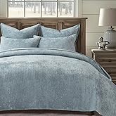 EVERGRACE Velvet Quilt Set King Size, Luxurious Soft Quilted Bedding Sets, Lightweight Velvet Comforter for All Season, Striped Channel Bedspread Coverlet with 2 Shams, 104" x 92", Blue Linen