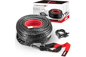 FIERYRED Synthetic Winch Rope Cable Kit 3/8inch 100FT 26500lbs Winch Line Replacement with Forged Hook D Ring Shackle Protect