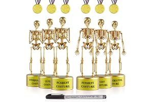 ASONA 12 Pcs Halloween Trophy Awards, 6 Skeleton Trophies 6 Award Medals 1 Marker Pen, Costume Contest Trophies for Kids Adults, Halloween Party Supplies, Table Decorations Classroom Rewards Treats for Kids