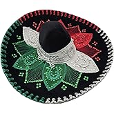Mexican Mariachi Sombrero Hat, Traditional Charro Style, Black with Red White Green Embroidery