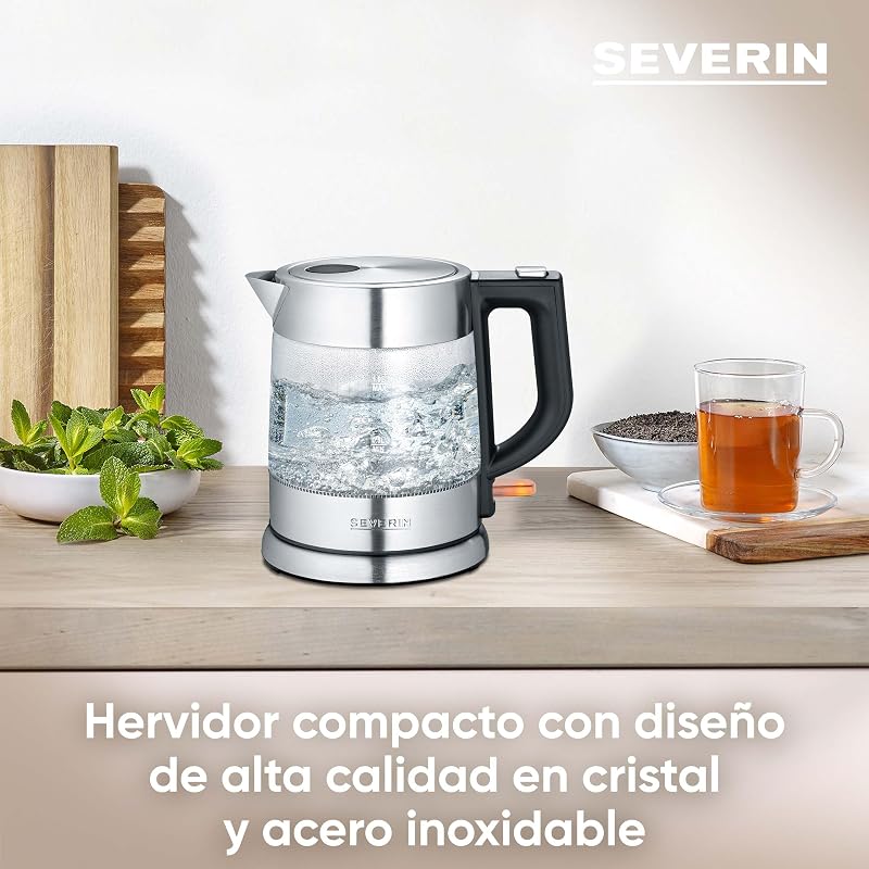 Chaleira de vidro SEVERIN, Jarro de ebulição de água de conexão sem fio, potente e compacto, chaleira elétrica com filtro anticalcário, aço inoxidável/preto, WK 3468