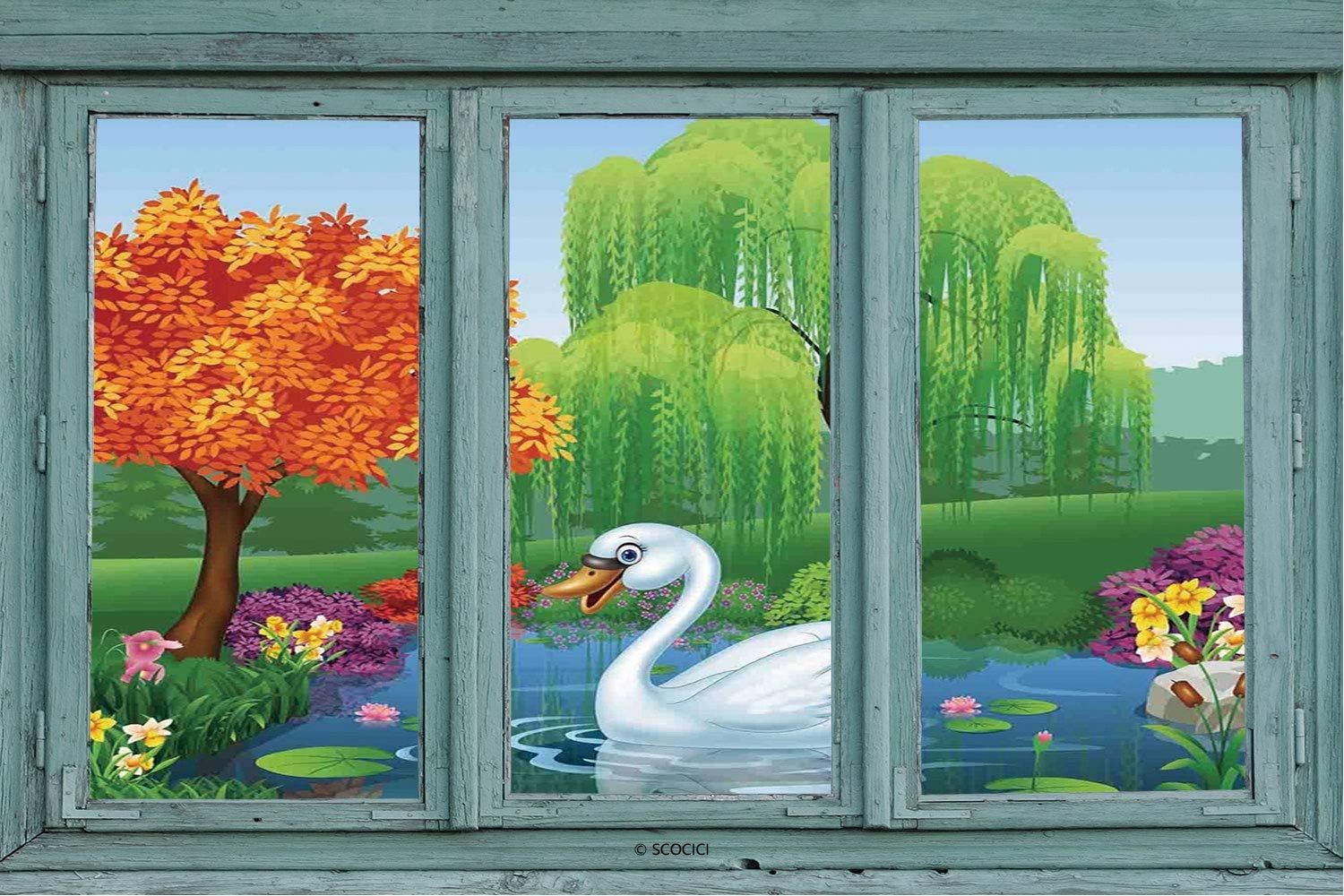 №22308 Wall Sticker/ Wall Mural, Vintage Teal Window Looking Out Into [ Cartoon,Artwork Of A Swan Floats On Mountain River In The Vivid Nature Springtime,Green Blue Fuchsia ] Wall Mural, Removable Sti