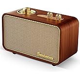 TRENBADER Vintage Bluetooth Speaker with AM/FM Radio, 10W Rich Bass & 10H Playtime, Portable Wireless Retro Radio with Wood Frame, Rotary Tuning Dial & Interchangeable Panel, Portable Home Radio(Wood)