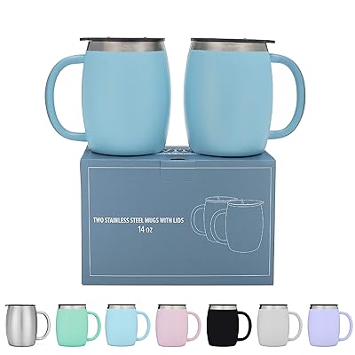 Stainless Steel Coffee Mugs with Lids - 14 Oz Double Walled Insulated Coffee Beer Mugs - Set of 2 - Blue - Best Value - BPA Free Healthy Choice - Shatterproof and Spill Resistant - By Avito