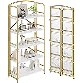 No-Assembly Folding Gold Bookshelf Storage Shelves 5 Tiers Vintage Multifunctional Plant Flower Stand Storage Rack Shelves Bookcase for Home Office