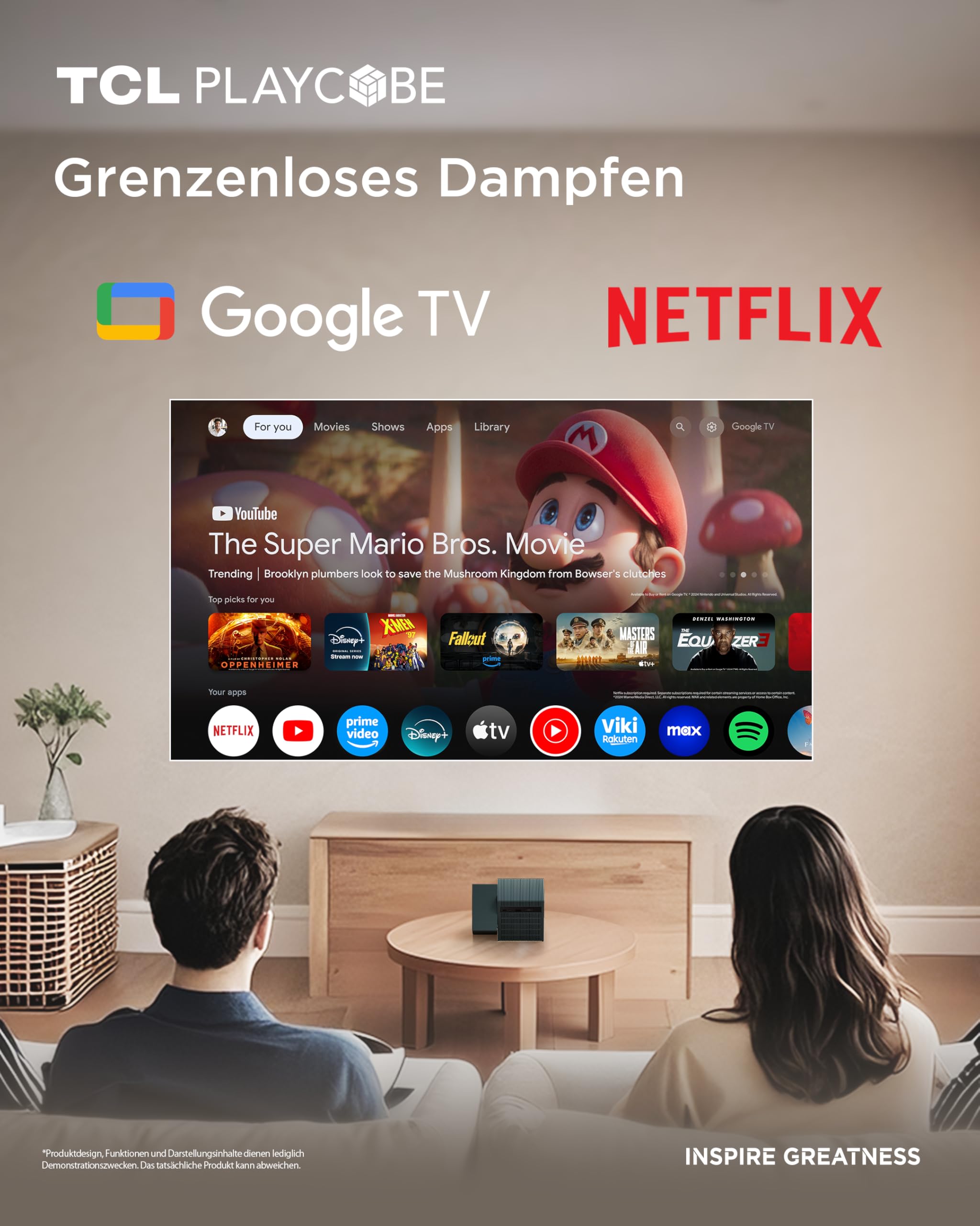 TCL PlayCube DLP Mini Beamer 4K mit Akku, 750 ISO Lumen, Integriertes Offizielles Google TV/Netflix/APV, Autofokus, 6D Trapezkorrektur, Bluetooth und WiFi, DolbyAudio, für Außenprojektion und Heimkino 2