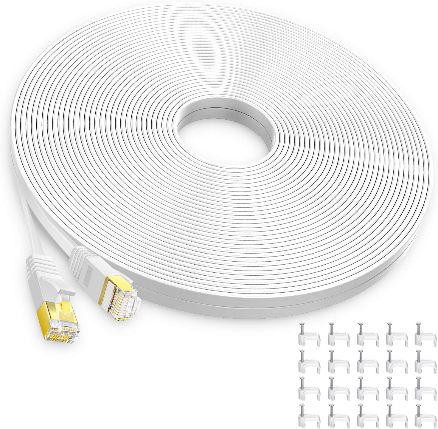 AoforzCat 6 Ethernet Cable 30 ft,High Speed Flat White Cat 6 Internet Network Patch Cord,Long Ethernet Cable with Snagless Rj45 Connectors and Cable Clips-(30 Feet)