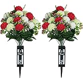 Memobloom Artificial Cemetery Flowers for Grave: 2 Pcs 18 Heads Fake Mums Flowers with Vase for Cemetery Spring Decorations Outdoor Grave
