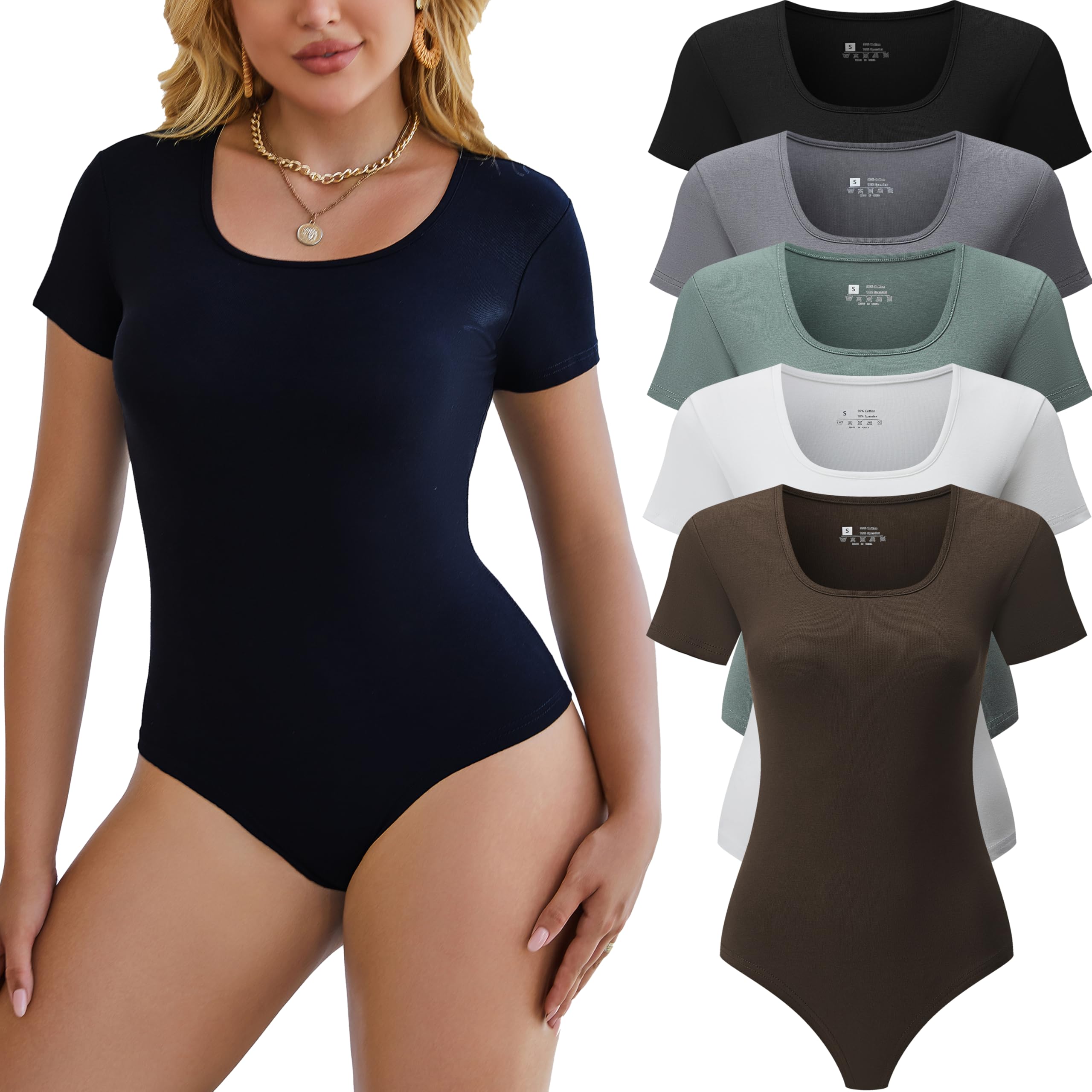 Photo 1 of Chongbaijia 5 Pack Short Sleeve Bodysuits for Women Square Neck Casual Stretchy Basic Body Suits Tops T Shirts