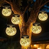 Kolpop Solar Lanterns Outdoor Waterproof 6 Pack, Hanging Solar Lights with 30 LED, Cracked Glass Hanging Globes for Garden Patio Fence Yard Christmas Tree Decoration,Warm White