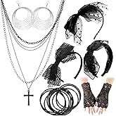 RechicGu Women's 80s Fancy Costume Accessory Set,Concert Outfit with Bow Headband, Cross Necklace, Lace Gloves,Circle Earrings, Black Rubber Bracelet, 80s Retro Party Punk Rock 1980s Fashion Look