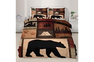 Camping Theme Bear Duvet Cover Twin Size, Tent Bear Paw Print Bedding Set 3 Piece for Teen Boys Kids, Forest Rustic Cabin Wil