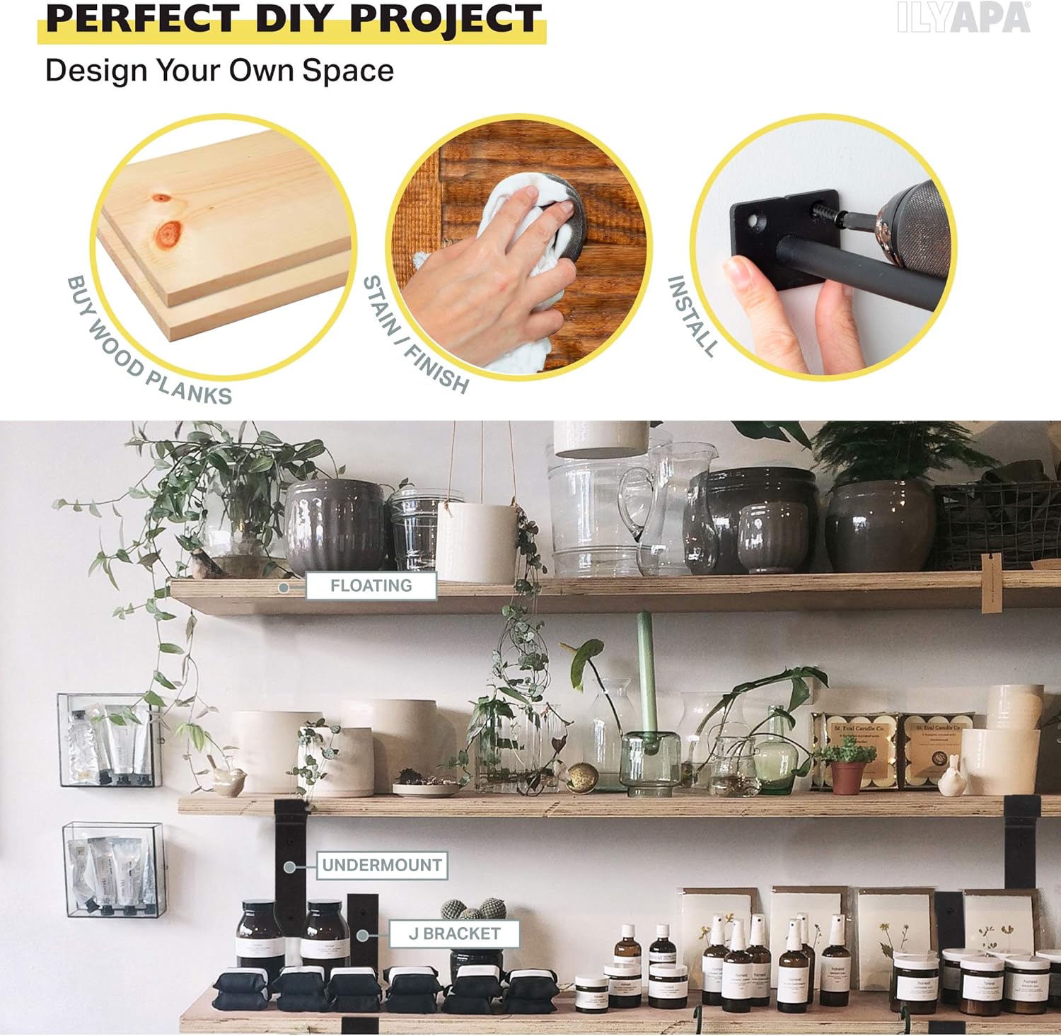Heavy Duty Steel Concealed Floating Shelf Brackets 4 Pack of 8 Inch Blind Shelf Supports with 1.5" x 2" Square Base - Farmhouse Rustic Iron Finish Industrial Metal Shelf Holders, Hidden Shelf Brackets: Home Improvement