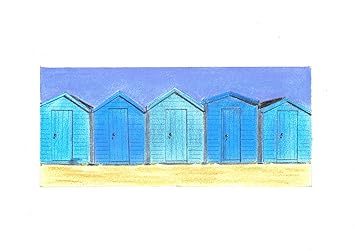 Cinq Bleu Cabines De Plage Craie Pastel Dessin Support