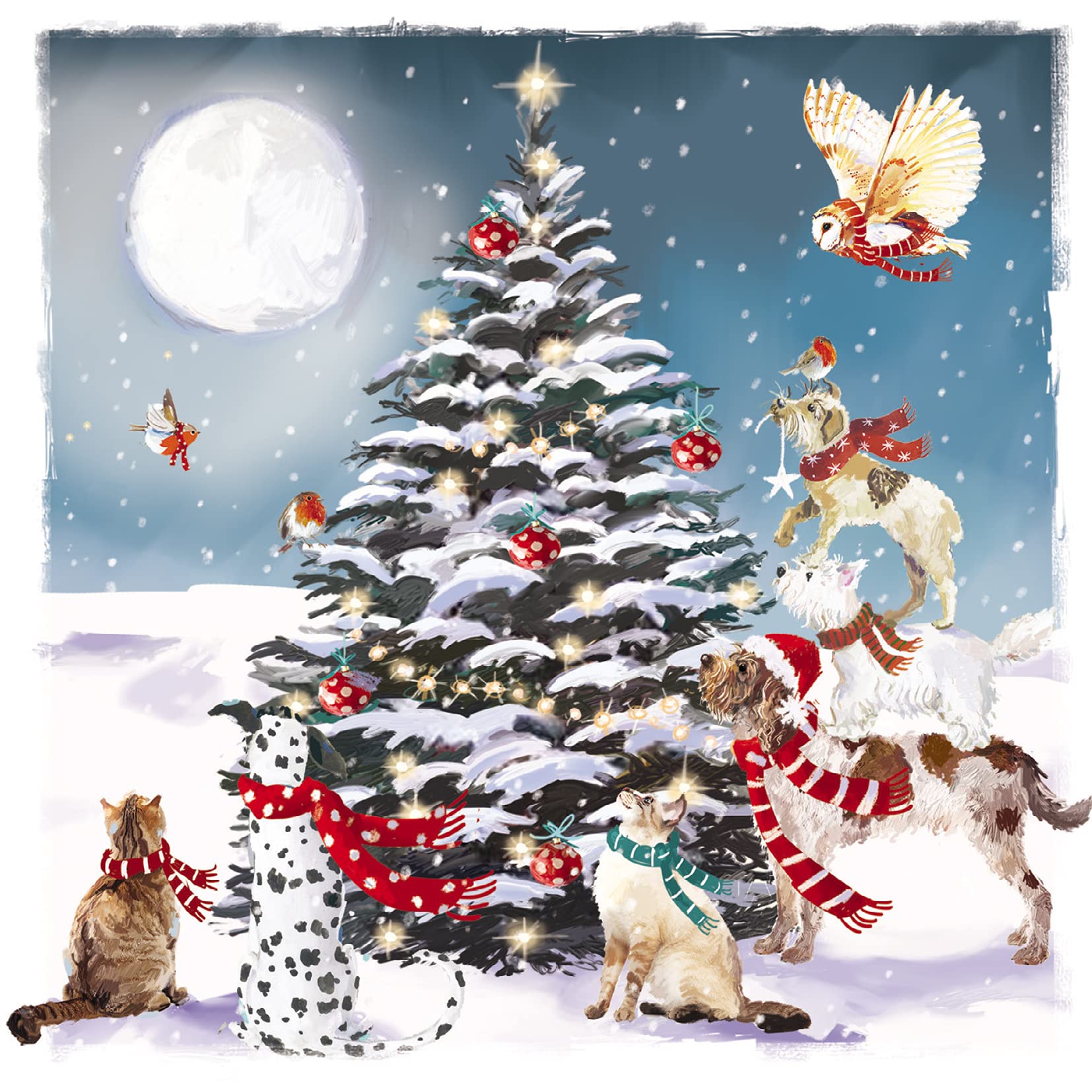 Ling Design Pack of 6 Charity Christmas Cards - 'Festive Animals Around the Tree' - 6 Cards of 1 Lovely Design