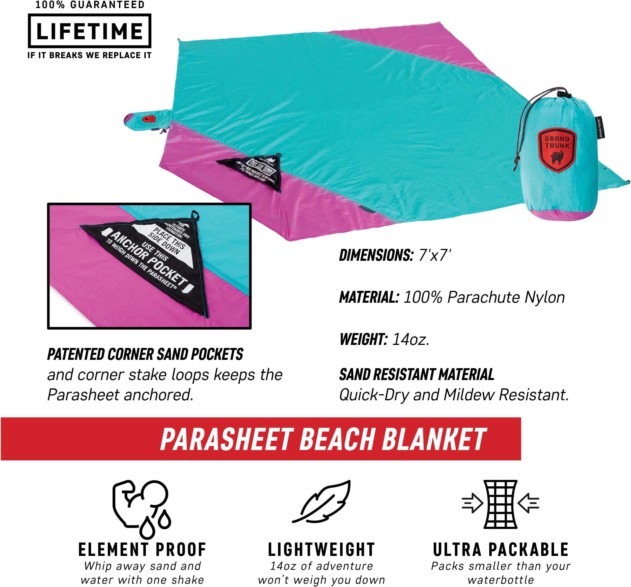 Grand Trunk Parasheet Beach Blanket or Picnic Blanket with Patented Sand Anchor Pockets, Stake Loops, and Attached Stuff Sack | Best Beach Blanket for Outdoors