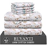 RUVANTI 7 Pcs Cotton Sheets - 100% Natural Cotton Soft, Lightweight & Breathable Crispy Percale Bed Sheets, Split King Sheets for Adjustable Bed 16" Deep Pockets, Radiant