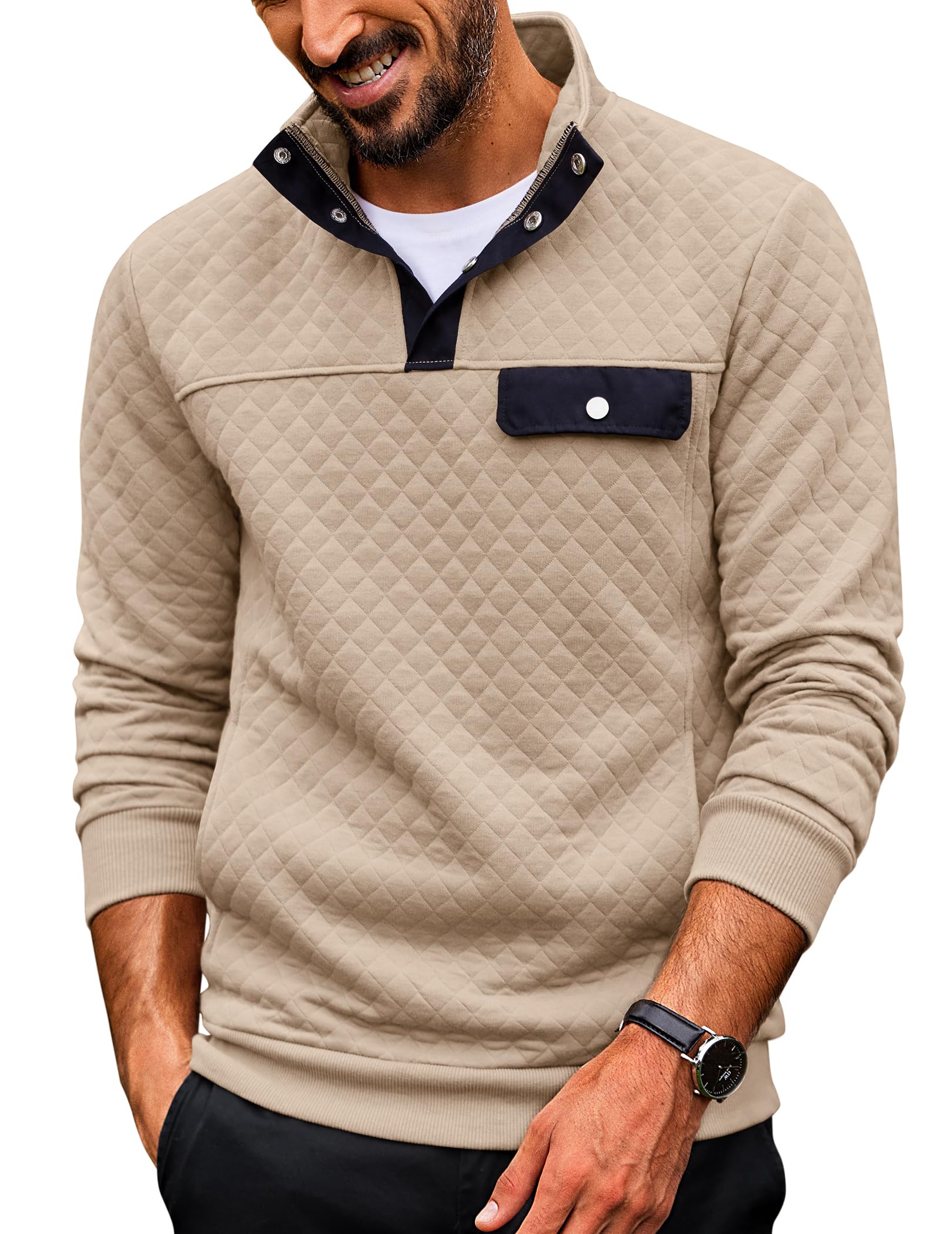 COOFANDY Quilted Sweatshirts for Men Quarter Button Pullover Sweatshirt Stand Collar Outdoor Polo with Pockets