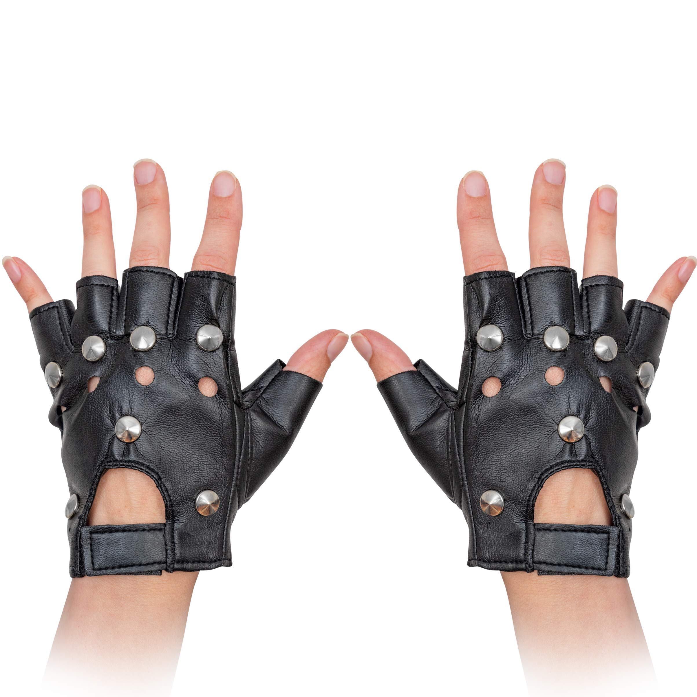 Skeleteen Gothic Fingerless Biker Gloves - 80s Style Black Leather Punk Biker Gloves for Men, Women and Teens, Black, Medium
