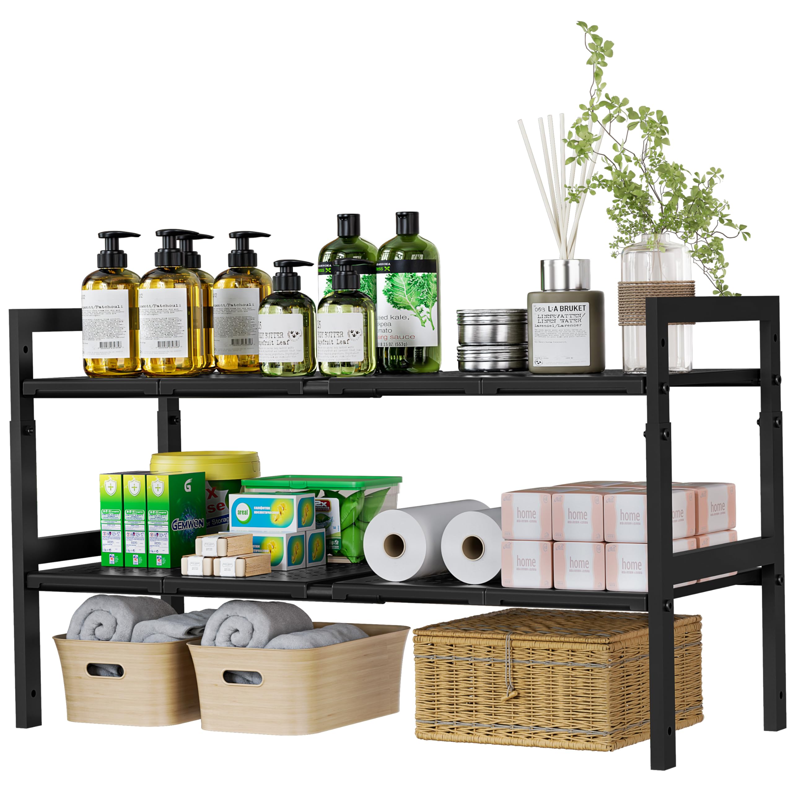 Photo 1 of 2-Tier Expandable Under Sink Organizers, Adjustable Height & Length Under Kitchen Sink Organizer with 8 Removable ABS Panels & Metal Frame, Cabinet Shelf for Bathroom, Pantry, Shoe Storage Rack