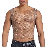 GENEMEN Rhinestone Mesh Top Men Fishnet Tank Top Sexy Sleeveless Cropped Shirt Rave Sheer Vest