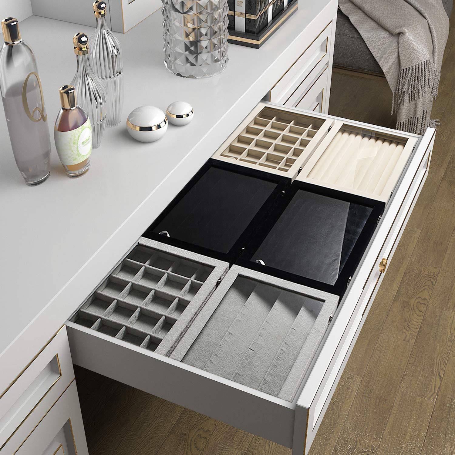 Frebeauty Frebeauty Rings/Earrings Organizer Tray with Clear Lid 10 Slots Velvet Drawer Insert Jewelry Storage box with Glass lid Jewelry Display Case Showcase Gift for Girls Women (Beige, 10 Slots)