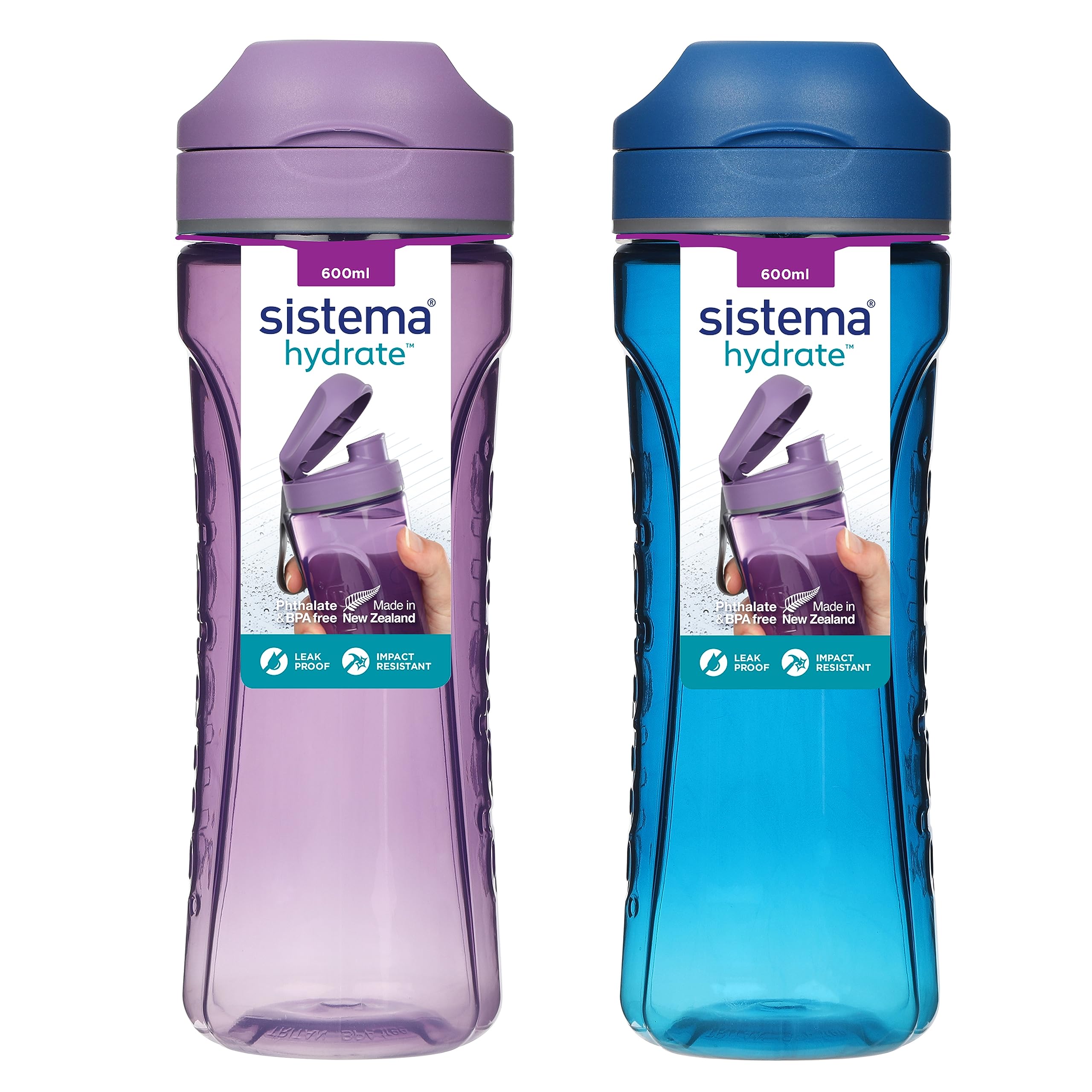Sistema Swift Sports Water Bottles | 600 ml | Leakproof Kids Water Bottles | Impact-Resistant Tritan Plastic | BPA-Free | Ocean Blue & Misty Purple | 2 Count