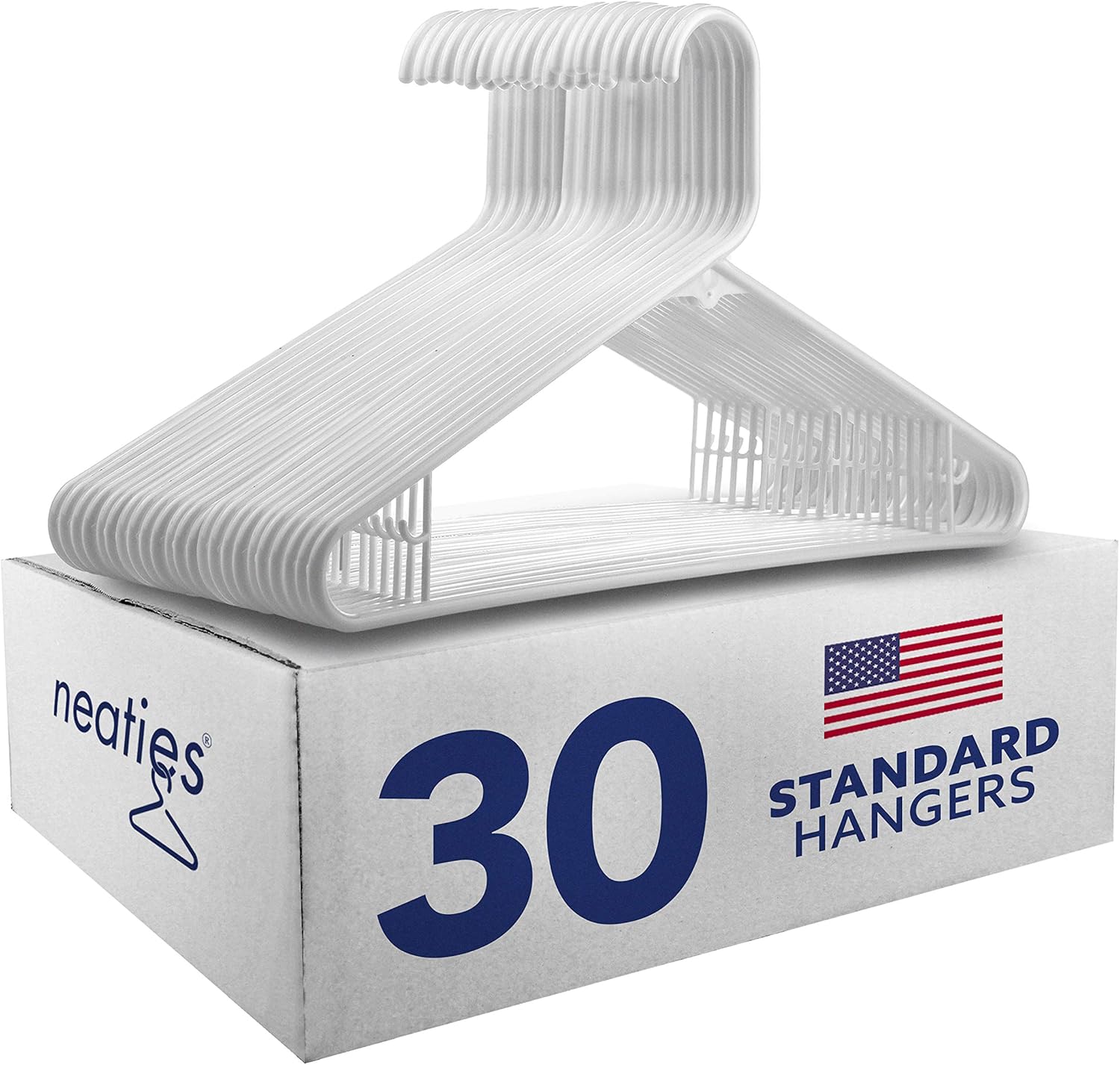 Neaties American Made White Plastic Hangers with Bar Hooks, Plastic Clothes Hangers Ideal for Everyday Use, Clothing Standard Hangers, 30pk