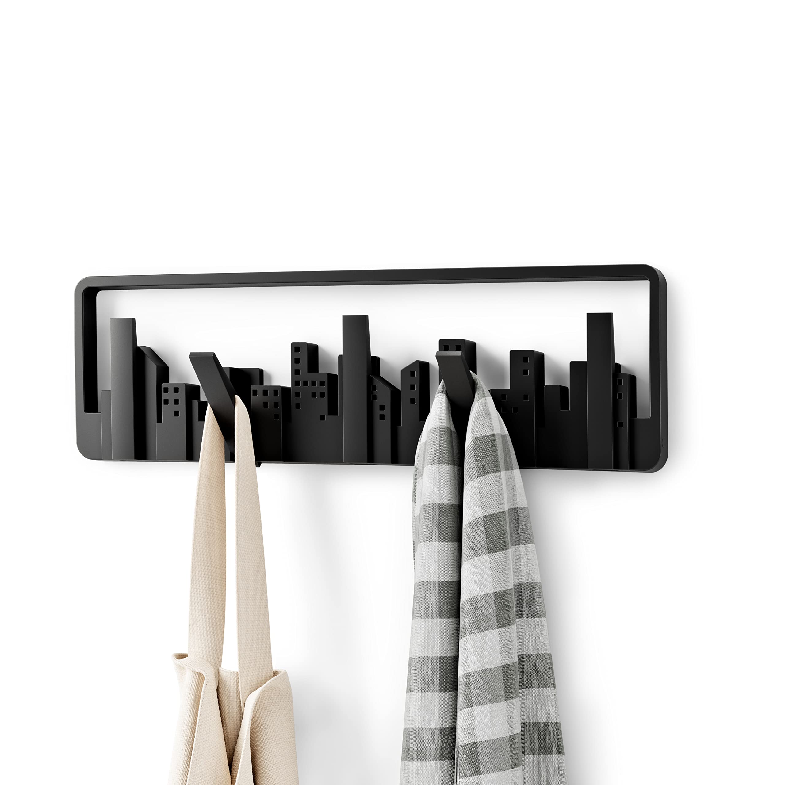 Umbra Skyline Wall Mounted Coat Rack, Modern, Unique, Coat Hanger with 5 Retractable Hooks to Hang Coats, Scarfs, Purses and More, Doubles as Wall Art, Black