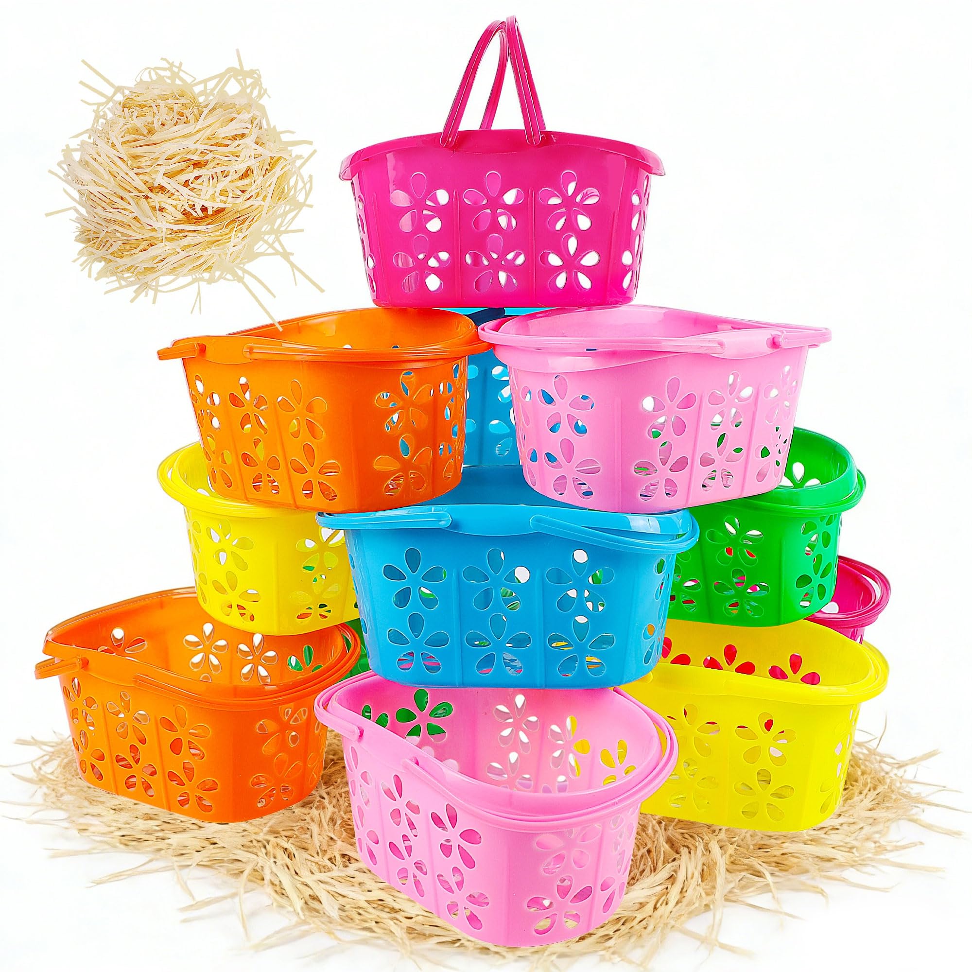 Zcaukya 12 Packs Easter Baskets, 6.5"x4.5"x3.2" Colorful Kids Baskets with Handles, Empty Plastic Easter Basket for Egg Hunt Party Favors