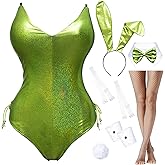 Womens Bunny Costume Girl Bodysuit Holographic Shining Suit Sparkle Costume Senpai Cosplay Bodysuit One Piece stockings Set