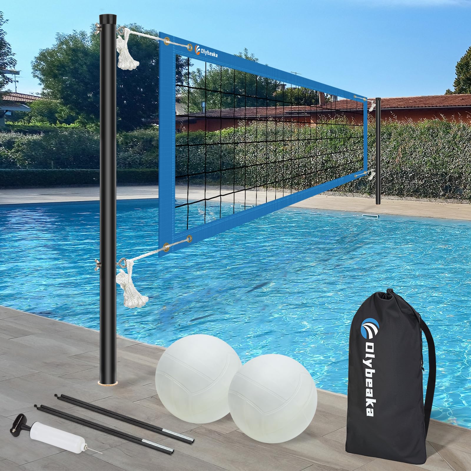 Photo 1 of Base Free Swimming Pool Volleyball Net Set for Above Ground/Inground Pools with 3-Height Adjustable Aluminium Poles, Durable Anti-Sagging Net, 2 Water Volleyballs and Carry Bag