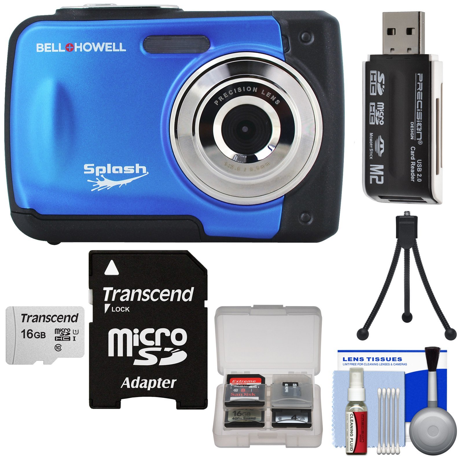 Bell & Howell Splash WP10 Shock & Waterproof Digital Camera (Blue) with 16GB Card + Tripod + Reader + Kit by Bell + Howell