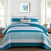 Dinjoy Teal Boho Quilt Set Queen,Blue Striped Bedspread Queen Size Lightweight Farmhouse Quilts 3 Piece Fall Bedding Sets Micofiber Patchwork Coverlet Set with 2 Pillowcases for Family