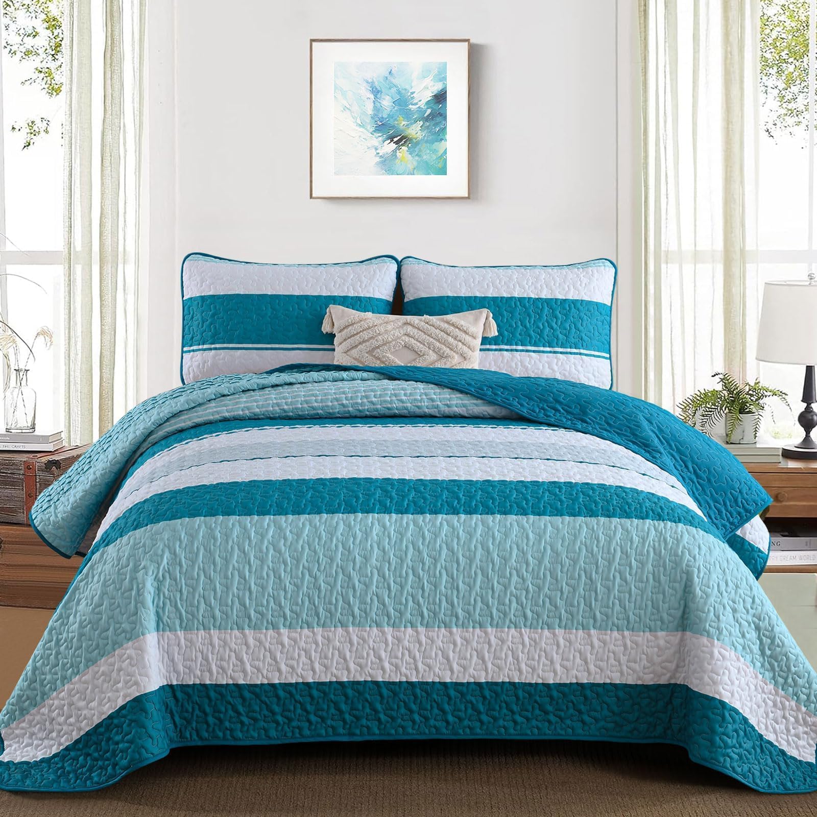 Spring Quilt Set Dinjoy Teal Boho Quilt Set Queen,Blue Striped Bedspread Queen Size ...