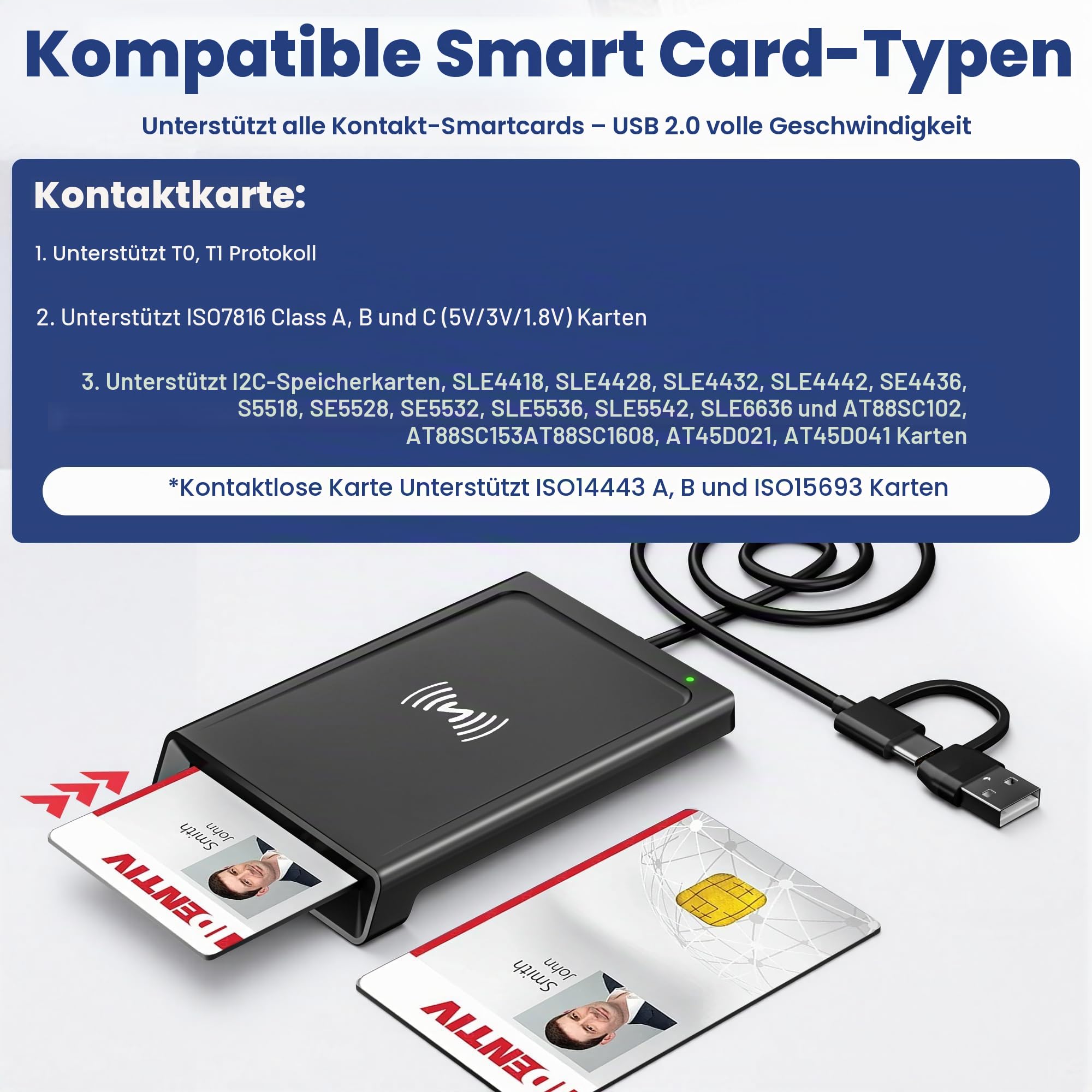 USB‑A & USB‑C Chipkartenleser mit NFC, SmartCard Reader DOD Military Kartenlesegerät für den Neuen Personalausweis, Bankkarten, kompatibel mit Windows, macOS, Linux, Android & PC – 95 cm Kabel 5